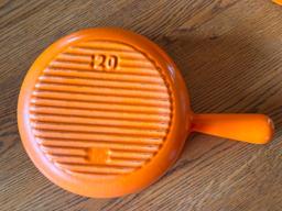 Le Creuset Cast Enamel Ribbed Bottom Orange Flame Sauce Pan w/ Lid, No. 20