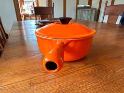 Le Creuset Cast Enamel Ribbed Bottom Orange Flame Sauce Pan w/ Lid, No. 20
