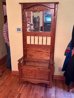 Oak Hall Tree and Mirror w/ Built-In Bench