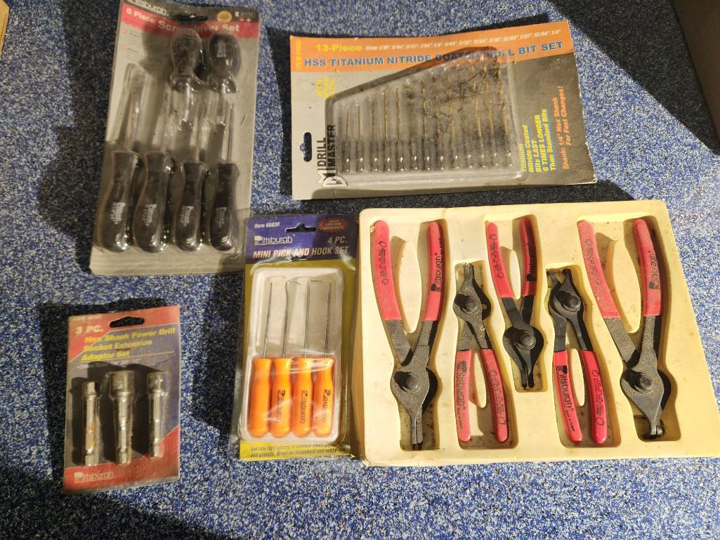 Group of New Tools, Socket Extensions, Mini Pics & Hooks, Snap Ring Pliers, Screw Drivers, Bits