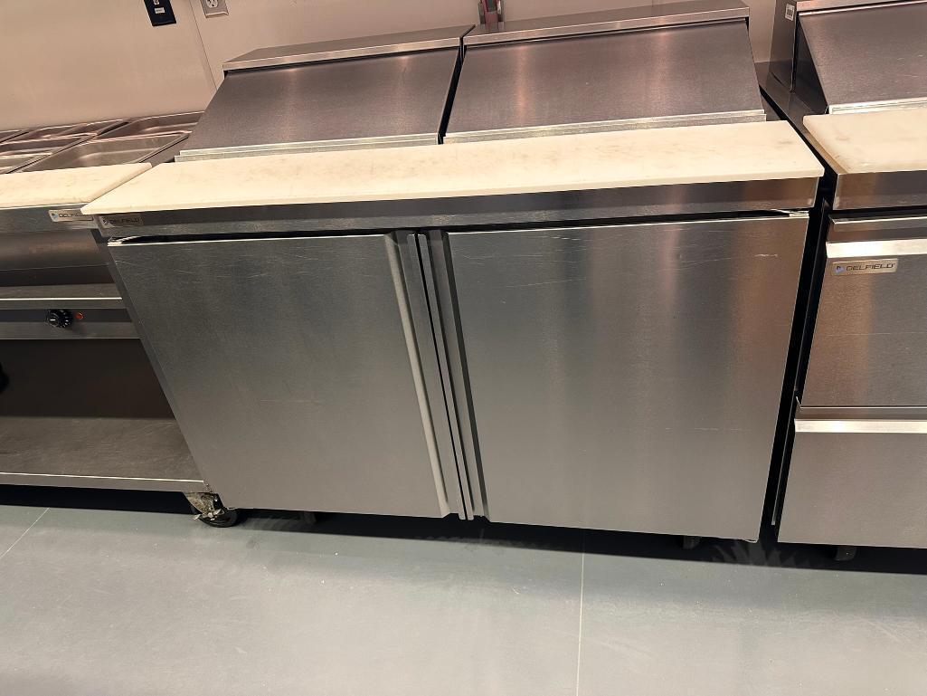 Delfield Welbilt 444SNP-12 2-Door, 2-Hinged Top Refrigerated Sandwich/Salad Prep Table on Mobile