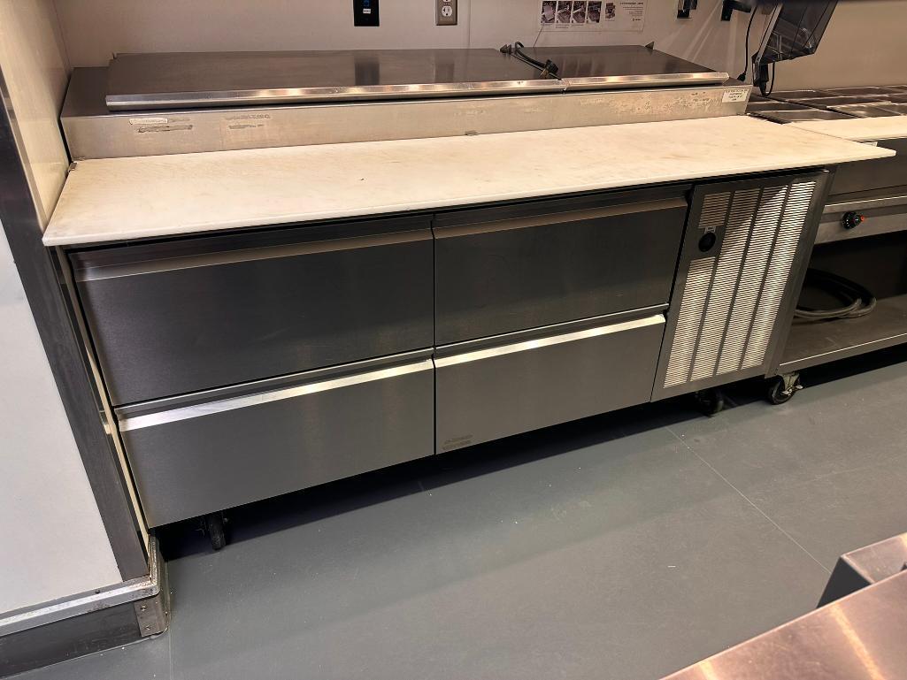 Delfield Welbilt 72in Sandwich / Salad Refrigerated Prep Table, 4-Drawer, 2 Hinge Tops, Mobile Base