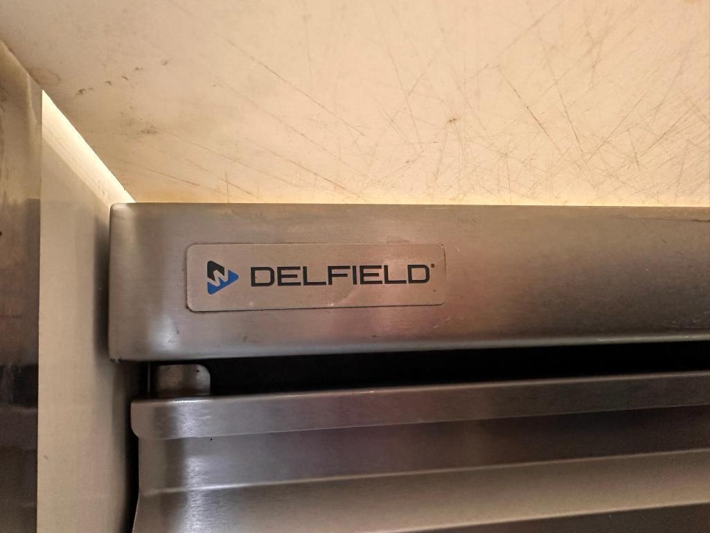 Delfield Welbilt 72in Sandwich / Salad Refrigerated Prep Table, 4-Drawer, 2 Hinge Tops, Mobile Base