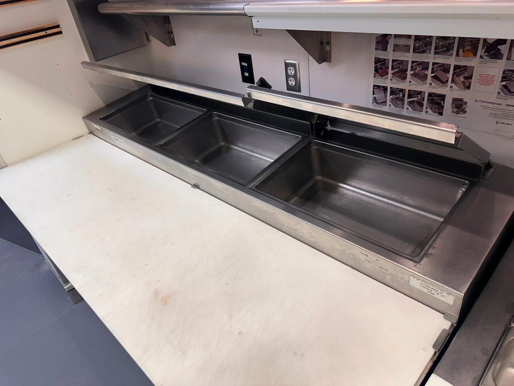 Delfield Welbilt 72in Sandwich / Salad Refrigerated Prep Table, 4-Drawer, 2 Hinge Tops, Mobile Base