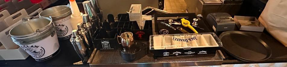 Large Group of Bar Supplies, Beer Buckets, Jack Daniels Fruit Tray, Napkin Holders, Bar Tender