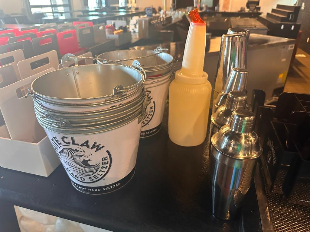 Large Group of Bar Supplies, Beer Buckets, Jack Daniels Fruit Tray, Napkin Holders, Bar Tender