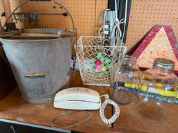 Galvanized Mop Bucket, Jars, Phone, Wire Waste Basket