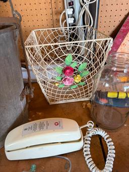Galvanized Mop Bucket, Jars, Phone, Wire Waste Basket
