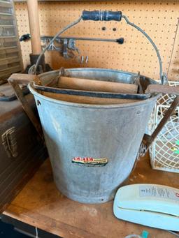 Galvanized Mop Bucket, Jars, Phone, Wire Waste Basket