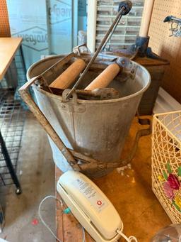 Galvanized Mop Bucket, Jars, Phone, Wire Waste Basket