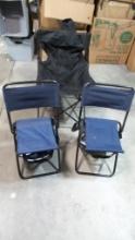 3 Folding Chairs- 1 Large-2 smaller With Coolers and picnic service under seat