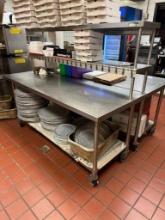 Stainless Steel Prep Table w/ Lower Shelf, 2 Upper Shelves, Mobile Base, 72in