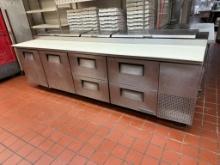 TRUE TPP-119D-4 Refrigerated Pizza Prep Table w/ Four Drawers, Two Doors, Mobile Base