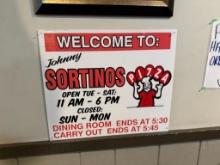 Welcome to Johnny Sortino's Operating Hours Sign w/ Logo, From Order Window Area