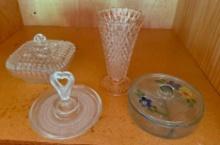 Vintage Covered Candy Dishes, Cut Glass Vase, Heart Handled Tray