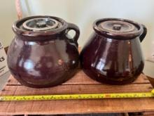 Antique brown salt pottery bean pots w matching lids