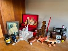 Antique toys, jewelry box, calendar sewing machine