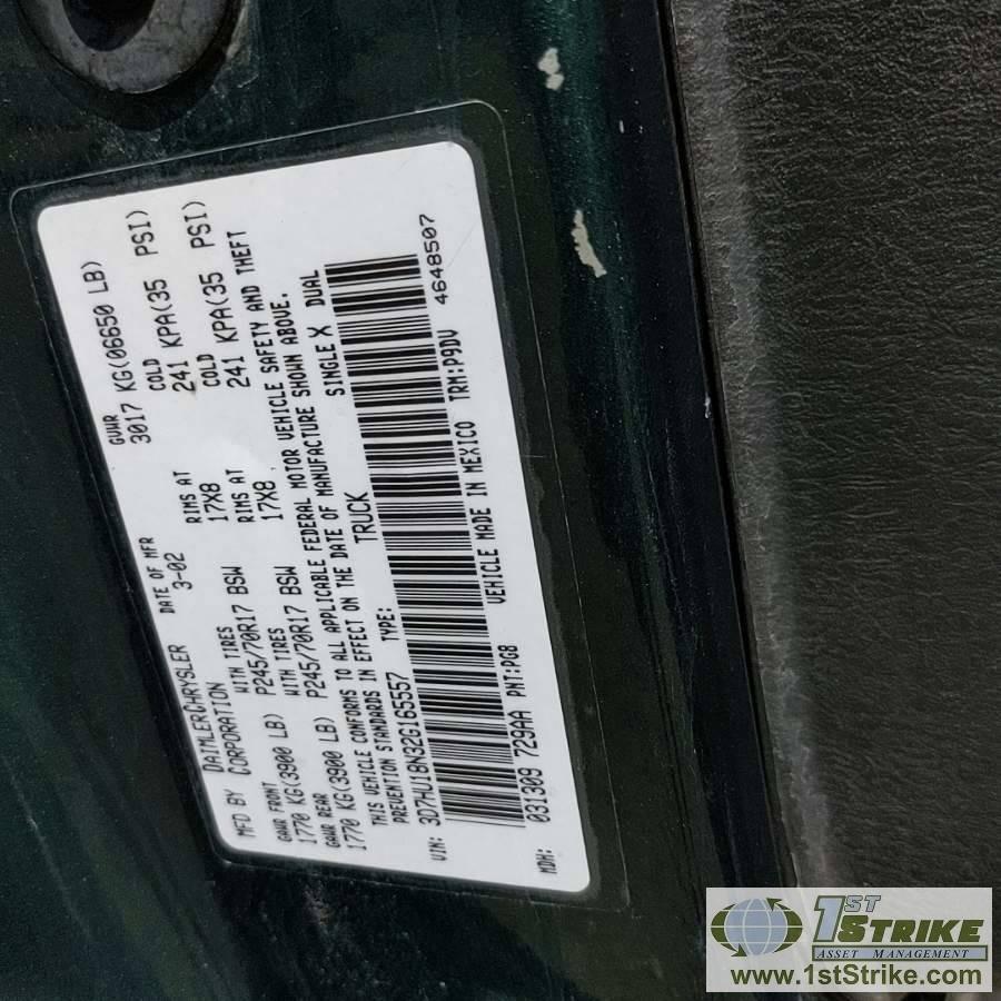 2002 DODGE RAM 1500, 4.7L MAGNUM, 4X4, CREW CAB, SHORT BED. RECONSTRUCTED TITLE