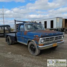 1970 FORD 350 CUSTOM SPORT, V-8 GAS, MANUAL TRANS, RWD, DUALLY, REGULAR CAB, 8FT FLATBED W/GOOSENECK