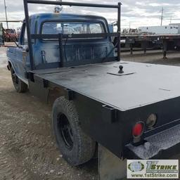 1970 FORD 350 CUSTOM SPORT, V-8 GAS, MANUAL TRANS, RWD, DUALLY, REGULAR CAB, 8FT FLATBED W/GOOSENECK