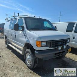 2005 FORD E-250, 5.4L GAS ENGINE, QUIGLEY 4X4, CARGO CONFIGURATION WITH TOOL CAGE, SHELVING