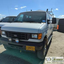 2005 FORD E-250, 5.4L GAS ENGINE, QUIGLEY 4X4, CARGO CONFIGURATION WITH TOOL CAGE, SHELVING