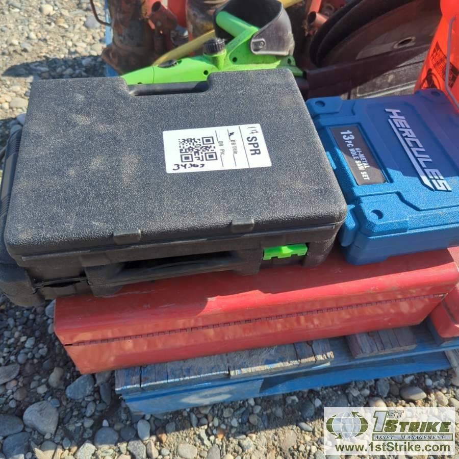 1 PALLET. MISC TOOLS, INCLUDING: MILLING MACHINE BITS, FUEL PUMP, HOLE SAW, CHAIN SAW
