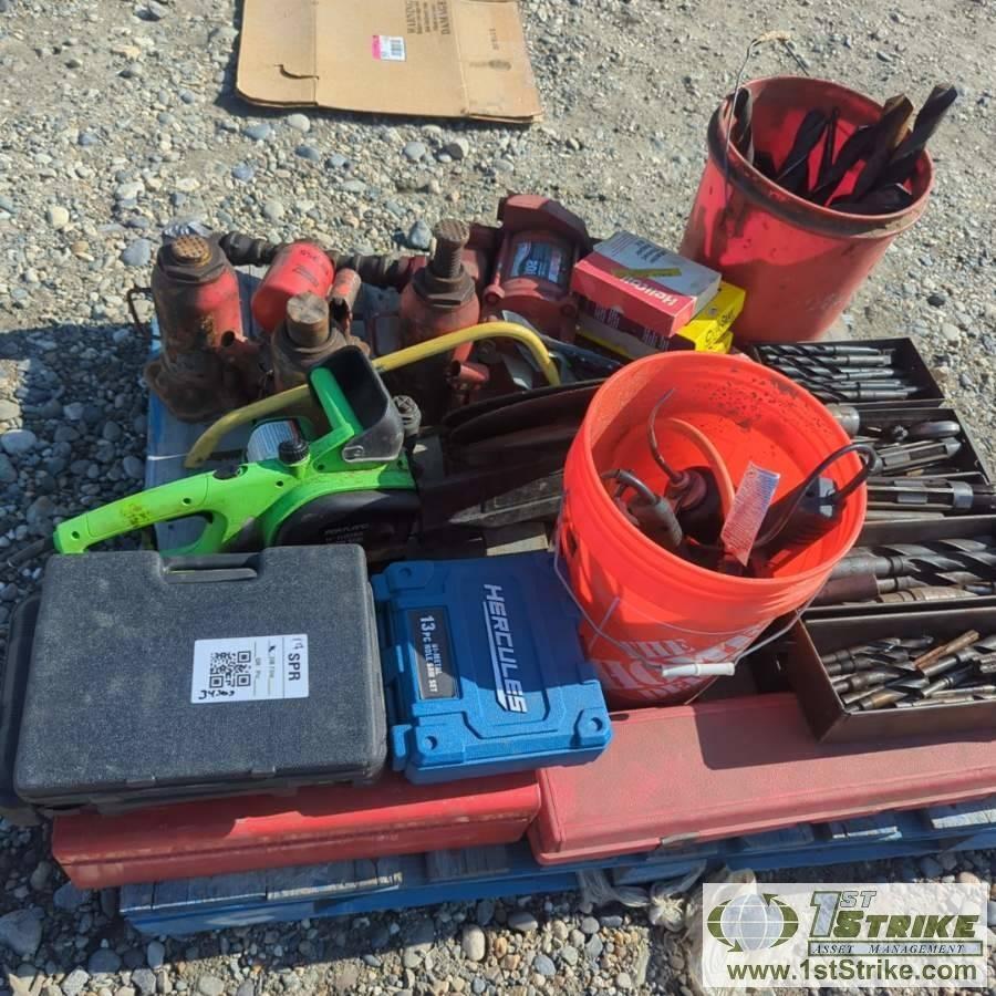 1 PALLET. MISC TOOLS, INCLUDING: MILLING MACHINE BITS, FUEL PUMP, HOLE SAW, CHAIN SAW