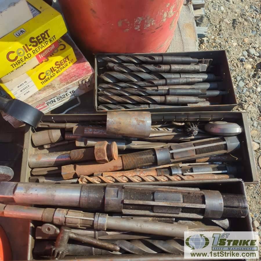 1 PALLET. MISC TOOLS, INCLUDING: MILLING MACHINE BITS, FUEL PUMP, HOLE SAW, CHAIN SAW