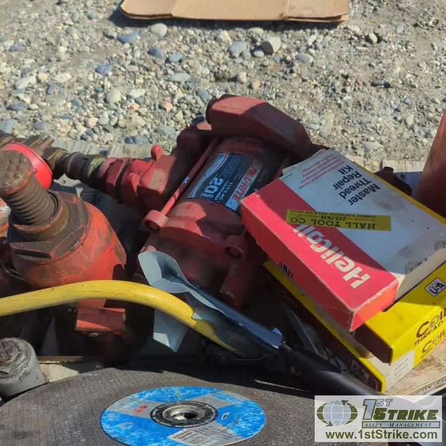 1 PALLET. MISC TOOLS, INCLUDING: MILLING MACHINE BITS, FUEL PUMP, HOLE SAW, CHAIN SAW
