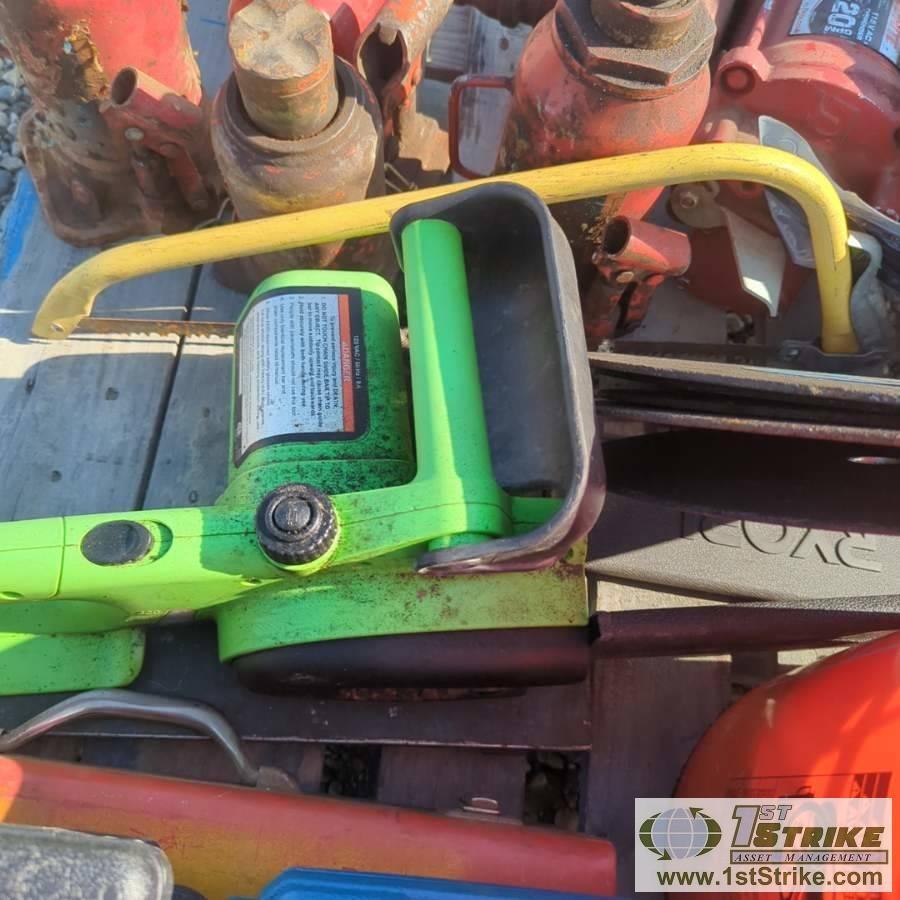 1 PALLET. MISC TOOLS, INCLUDING: MILLING MACHINE BITS, FUEL PUMP, HOLE SAW, CHAIN SAW