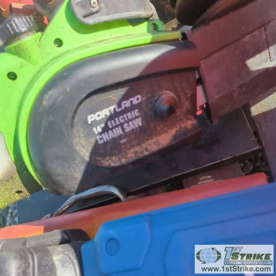 1 PALLET. MISC TOOLS, INCLUDING: MILLING MACHINE BITS, FUEL PUMP, HOLE SAW, CHAIN SAW