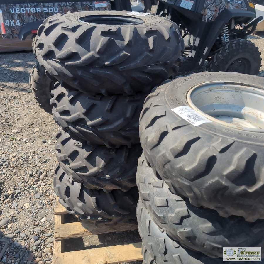 1 PALLET. 8EA MISC ATV TIRES ON RIMS, INCL: GOODYEAR, MAXXIS