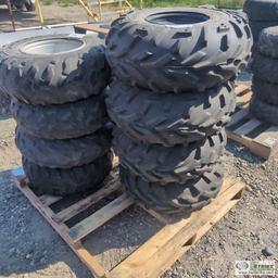 1 PALLET. 8EA MISC ATV TIRES ON RIMS, INCL: GOODYEAR, MAXXIS