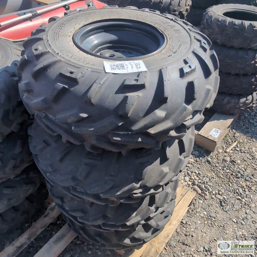 1 PALLET. 8EA MISC ATV TIRES ON RIMS, INCL: GOODYEAR, MAXXIS