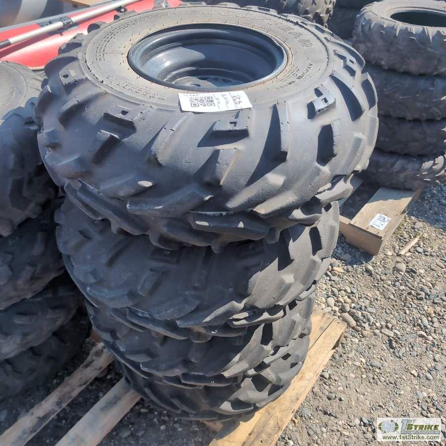 1 PALLET. 8EA MISC ATV TIRES ON RIMS, INCL: GOODYEAR, MAXXIS