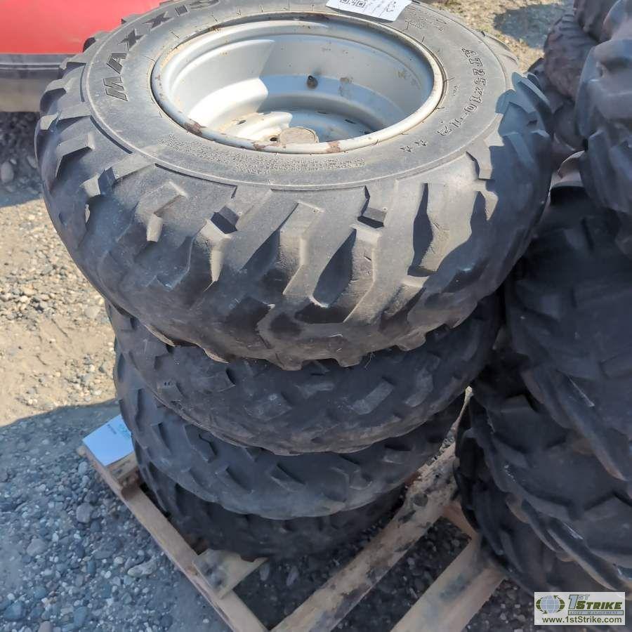 1 PALLET. 8EA MISC ATV TIRES ON RIMS, INCL: GOODYEAR, MAXXIS