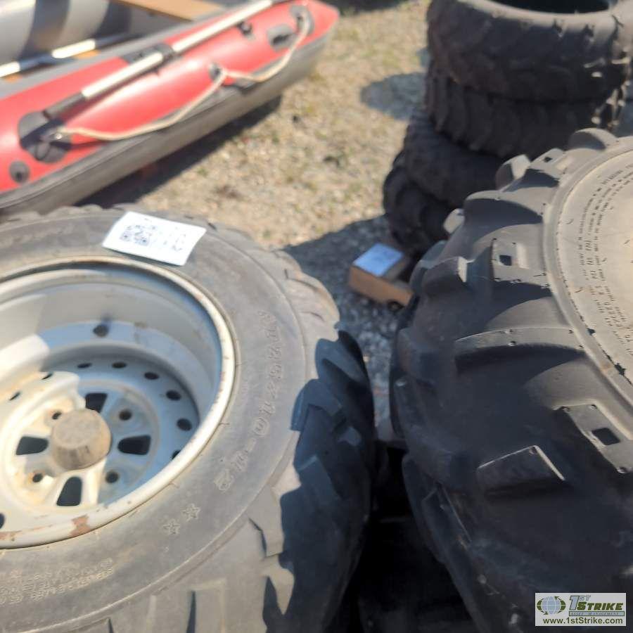 1 PALLET. 8EA MISC ATV TIRES ON RIMS, INCL: GOODYEAR, MAXXIS