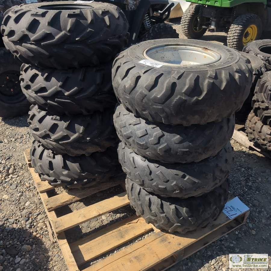 1 PALLET. 8EA MISC ATV TIRES ON RIMS, INCL: GOODYEAR, MAXXIS