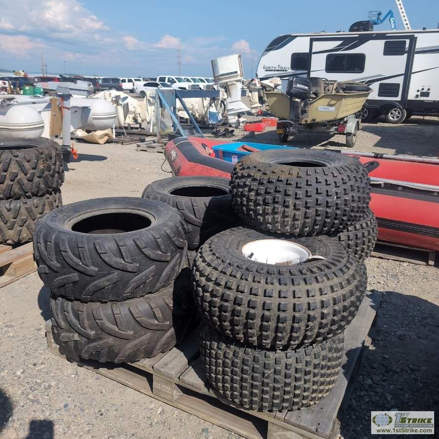 1 PALLET. 9EA MISC ATV TIRES, INCL: 4EA CARLISLE ON RIMS, 4EA DUNLOP, 1EA HENTSHIM