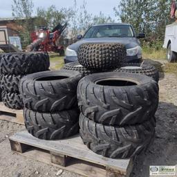 1 PALLET. 9EA MISC ATV TIRES, INCL: 4EA CARLISLE ON RIMS, 4EA DUNLOP, 1EA HENTSHIM