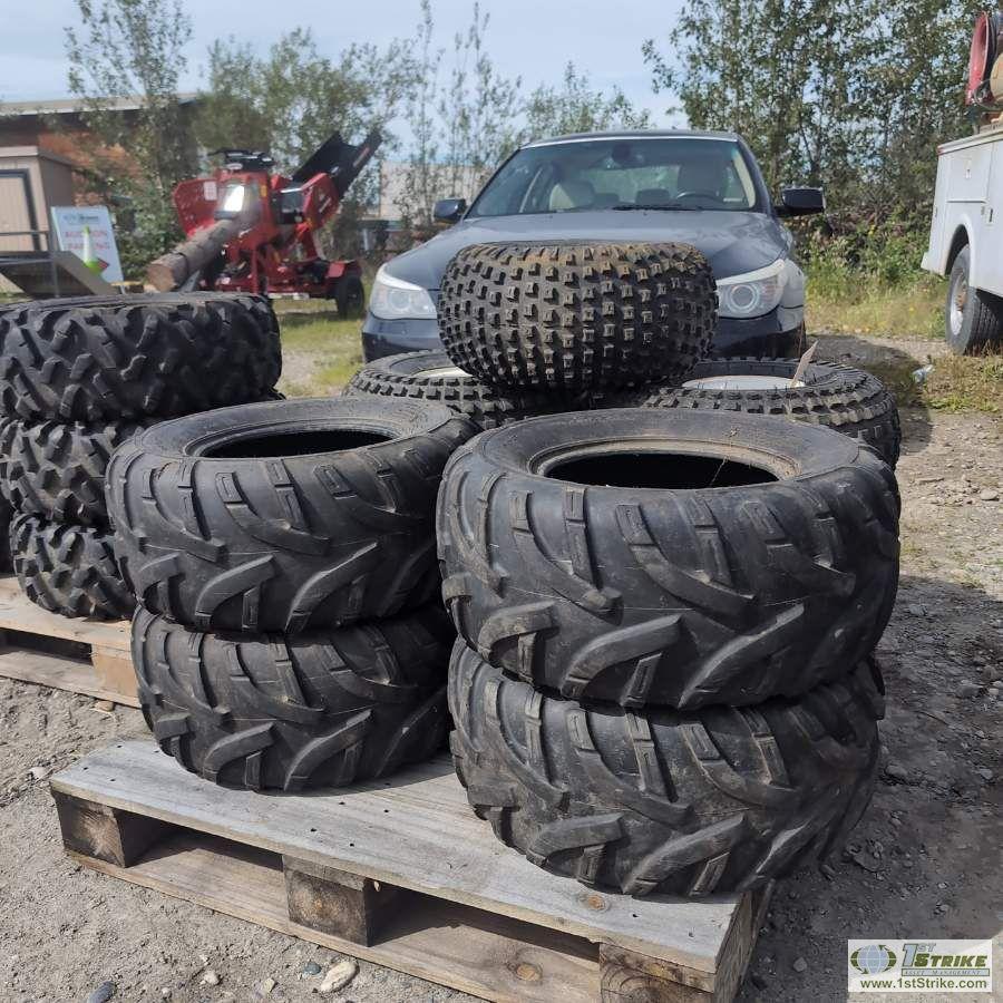 1 PALLET. 9EA MISC ATV TIRES, INCL: 4EA CARLISLE ON RIMS, 4EA DUNLOP, 1EA HENTSHIM