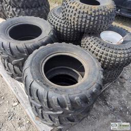 1 PALLET. 9EA MISC ATV TIRES, INCL: 4EA CARLISLE ON RIMS, 4EA DUNLOP, 1EA HENTSHIM