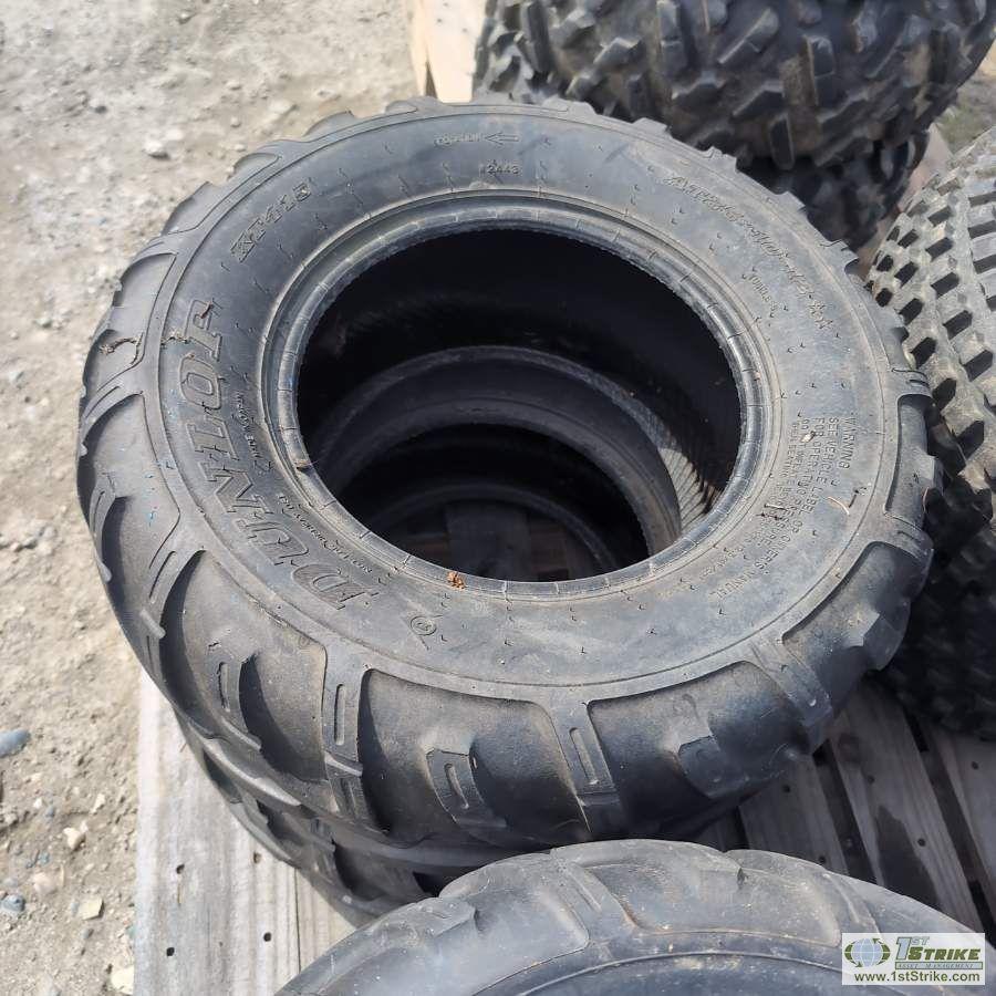 1 PALLET. 9EA MISC ATV TIRES, INCL: 4EA CARLISLE ON RIMS, 4EA DUNLOP, 1EA HENTSHIM