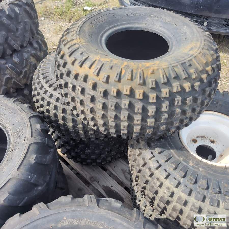 1 PALLET. 9EA MISC ATV TIRES, INCL: 4EA CARLISLE ON RIMS, 4EA DUNLOP, 1EA HENTSHIM