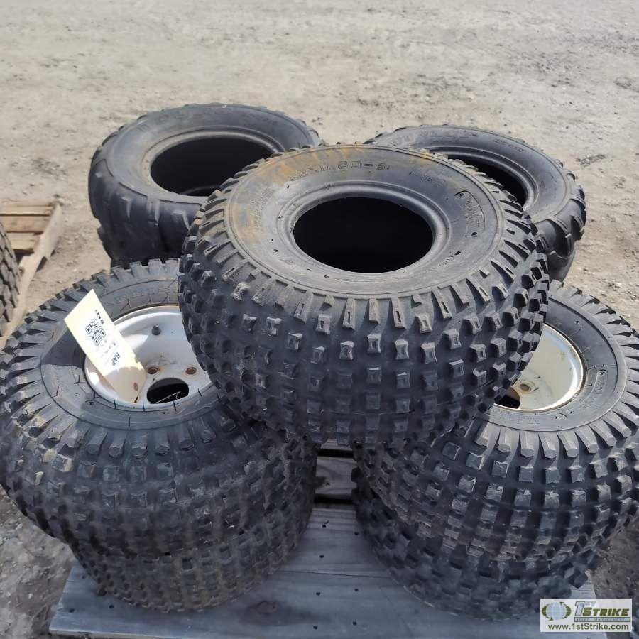 1 PALLET. 9EA MISC ATV TIRES, INCL: 4EA CARLISLE ON RIMS, 4EA DUNLOP, 1EA HENTSHIM