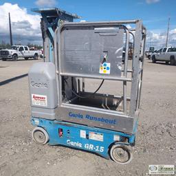 MANLIFT, 2004 GENIE GR-15 RUNABOUT, 85-264 VOLT AC INPUT, 24V DC, 15FT 2IN MAX PLATFORM HEIGHT, 350L