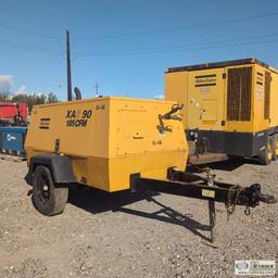 AIR COMPRESSOR, ATLAS COPCO XAS90, 185CFM, 4 CYLINDER JOHN DEERE DIESEL ENGINE, SINGLE AXLE TRAILER