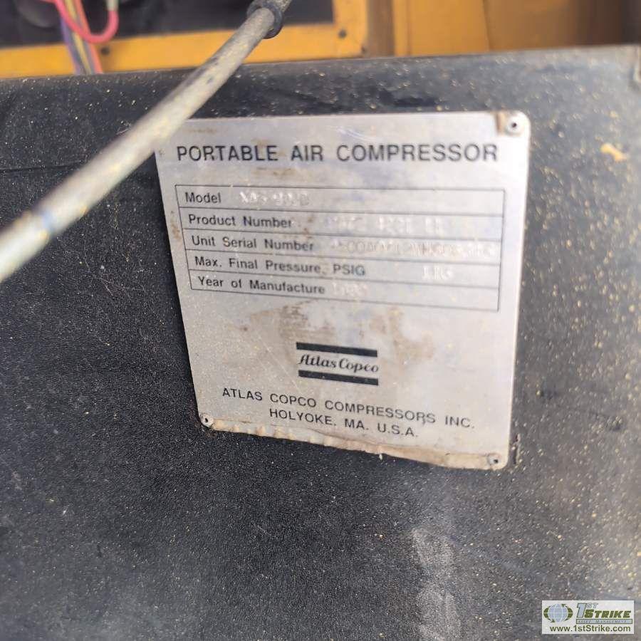 AIR COMPRESSOR, ATLAS COPCO XAS90, 185CFM, 4 CYLINDER JOHN DEERE DIESEL ENGINE, SINGLE AXLE TRAILER