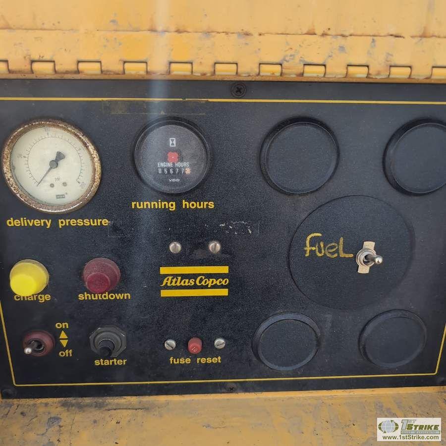 AIR COMPRESSOR, ATLAS COPCO XAS90, 185CFM, 4 CYLINDER JOHN DEERE DIESEL ENGINE, SINGLE AXLE TRAILER